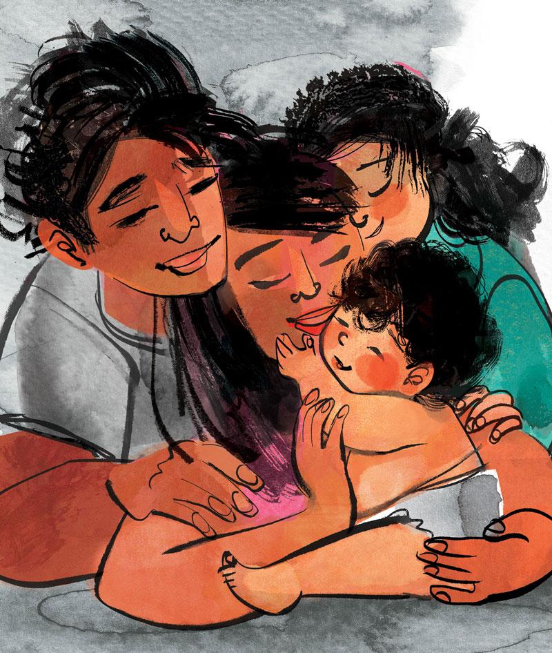 drawing of a family hugging